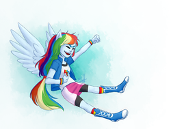 Size: 2422x1834 | Tagged: safe, artist:bunnyartblog, rainbow dash, equestria girls, g4, boots, clothes, eyes closed, female, fist pump, ponied up, shoes, skirt, smiling, solo, spread wings, wings
