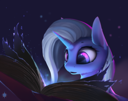 Size: 1397x1101 | Tagged: safe, artist:noctilucent-arts, trixie, pony, unicorn, amazed, book, diary, female, looking at something, mare, missing accessory, open mouth, reading, solo