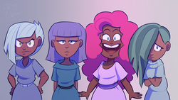 Size: 1366x768 | Tagged: safe, artist:whitebag, limestone pie, marble pie, maud pie, pinkie pie, human, g4, angry, crossed arms, dark skin, female, gradient background, hand on hip, happy, humanized, looking at you, open mouth, pie sisters, racism in the comments, shy, siblings, sisters, smiling