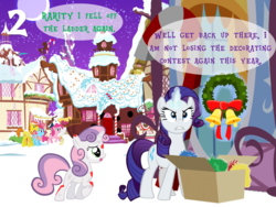 Size: 1024x768 | Tagged: safe, artist:bronybyexception, carrot cake, cup cake, pinkie pie, pound cake, pumpkin cake, rarity, sweetie belle, earth pony, pony, g4, abuse, advent calendar, blood, cake family, carousel boutique, child neglect, christmas, decorating, female, filly, hearth's warming eve, holiday, injured, jealous, male, mare, noodle incident, raribitch, snow, stallion, sugarcube corner, sweetiebuse