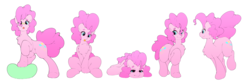Size: 3112x1034 | Tagged: safe, artist:theobrobine, pinkie pie, butterfly, earth pony, pony, g4, ball, chest fluff, cute, diapinkes, female, fluffy, mare, multeity, raised hoof, simple background, smiling, solo, standing, tongue out, white background