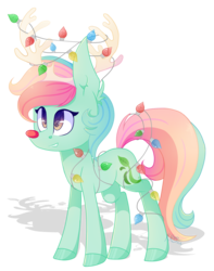 Size: 3458x4380 | Tagged: safe, artist:wintersnowy, oc, oc only, oc:gummy horizon, deer, reindeer, antlers, christmas, hearth's warming eve, holiday, rainbow hair, red nose, reindeer antlers, simple background, transparent background, unshorn fetlocks