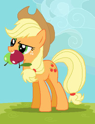 Size: 322x420 | Tagged: safe, artist:mobubbles, applejack, earth pony, pony, g4, apple, biting, cloud, cowboy hat, female, food, grass, green apple, hat, mare, mouth hold, ms paint, red apple, solo, that pony sure does love apples