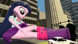 Size: 1500x843 | Tagged: safe, artist:jeroen01, apple bloom, applejack, rarity, twilight sparkle, equestria girls, g4, 3d, attack on twi-tan, car, city, clothes, cowboy hat, giantess, leg warmers, macro, mega twilight sparkle, megalight sparkle, requested art, shoes, skirt, skirt lift, source filmmaker, stetson, twilight sparkle (alicorn)