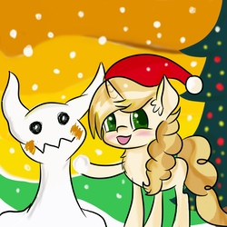 Size: 6000x6000 | Tagged: safe, artist:rainbowtashie, sweet biscuit, mimikyu, pony, unicorn, g4, absurd resolution, adorabiscuit, christmas, crossover, cute, full background, hat, holiday, pokémon, santa hat, snow, snowman