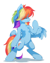 Size: 2400x3000 | Tagged: safe, artist:lispp, rainbow dash, pegasus, pony, g4, bipedal, blushing, chest fluff, eyes closed, female, flexing, fluffy, high res, mare, simple background, smiling, solo, spread wings, standing, white background, wings