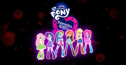 Size: 970x500 | Tagged: safe, dhx media, applejack, fluttershy, pinkie pie, rainbow dash, rarity, sunset shimmer, equestria girls, g4, clothes, jacket, logo, shoes