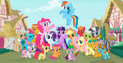 Size: 970x500 | Tagged: safe, dhx media, apple bloom, applejack, big macintosh, carrot cake, fluttershy, granny smith, mayor mare, pinkie pie, rainbow dash, rarity, scootaloo, snails, snips, spike, sweetie belle, twilight sparkle, zecora, alicorn, dragon, earth pony, pegasus, pony, unicorn, g4, book, colt, cupcake, cutie mark crusaders, female, filly, flying, food, male, mane seven, mane six, mane six opening poses, mare, open mouth, opening theme, quill, raised hoof, smiling, spread wings, stallion, standing, theme song, twilight sparkle (alicorn), wings