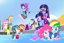 Size: 2900x1945 | Tagged: safe, artist:succubi samus, applejack, fluttershy, juniper montage, pinkie pie, rainbow dash, rarity, sci-twi, starlight glimmer, sunset shimmer, twilight sparkle, equestria girls, adorable face, barefoot, beanie, belly button, clothes, commission, cute, feet, female, glasses, glimmerbetes, grin, hat, humane five, humane seven, humane six, jumping, lesbian, loose hair, midriff, not fiery shimmer, pinkiedash, ponytail, pool party, shipping, show accurate, skirt, smiling, swimming pool, tanktop, twiabetes, twolight, wet, wet clothes, wet hair