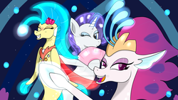 Size: 1024x576 | Tagged: dead source, safe, artist:susanzx2000, princess skystar, queen novo, rarity, seapony (g4), unicorn, g4, my little pony: the movie, blue eyes, bubble, coral, deviantart watermark, dorsal fin, eyelashes, eyeshadow, female, fin, fins, floppy ears, flower, flower in hair, flowing mane, flowing tail, glowing, horn, makeup, mare, obtrusive watermark, ocean, one eye closed, open mouth, open smile, scales, seaponified, seapony rarity, seaquestria, smiling, species swap, swimming, tail, teeth, trio, underwater, water, watermark