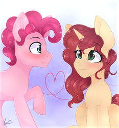 Size: 800x859 | Tagged: safe, artist:waterz-colrxz, pinkie pie, oc, oc:devana, pony, unicorn, g4, adoraberry, blushing, bubble berry, canon x oc, cute, female, male, mare, rule 63, rule63betes, straight