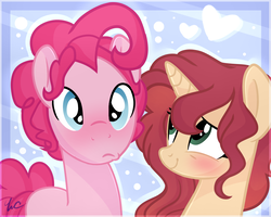 Size: 1000x800 | Tagged: safe, artist:waterz-colrxz, pinkie pie, oc, oc:devana, pony, unicorn, g4, adoraberry, blushing, bubble berry, canon x oc, cute, female, male, mare, rule 63, rule63betes, straight