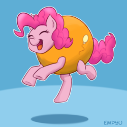 Size: 1000x1000 | Tagged: safe, artist:empyu, pinkie pie, earth pony, pony, g4, blue background, clothes, costume, food, food costume, happy, inanimate tf, jumping, orange, orange costume, orangified, simple background, smiling, solo, transformation