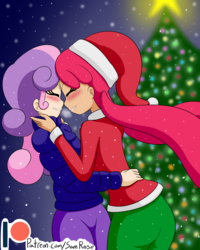 Size: 1600x2000 | Tagged: safe, alternate version, artist:jake heritagu, apple bloom, sweetie belle, human, g4, ass, back, blushing, butt, christmas, christmas tree, clothes, cute, eyes closed, female, holiday, humanized, lesbian, pants, patreon, patreon logo, ship:sweetiebloom, shipping, snow, snowfall, tree, winter outfit