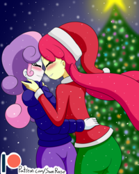 Size: 1600x2000 | Tagged: safe, artist:jake heritagu, apple bloom, sweetie belle, equestria girls, g4, ass, back, blushing, butt, christmas, christmas tree, clothes, eyes closed, female, holiday, lesbian, pants, patreon, patreon logo, ship:sweetiebloom, shipping, snow, snowfall, sweater, tree