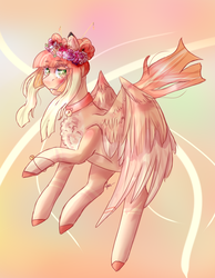 Size: 1288x1663 | Tagged: safe, artist:historia18, oc, oc only, oc:lyshuu, pegasus, pony, abstract background, female, flower, flower in hair, flying, mare, solo, unshorn fetlocks