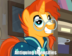 Size: 1323x1038 | Tagged: safe, edit, edited screencap, screencap, sunburst, pony, unicorn, g4, uncommon bond, animated, cute, eye shimmer, gif, happy, male, meme, smiling, solo, stallion, sunbetes, that pony sure does love antiques, toothy grin, x intensifies