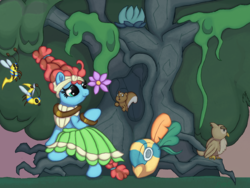 Size: 2000x1500 | Tagged: safe, artist:swasfews, meadowbrook, earth pony, flash bee, owl, pony, squirrel, g4, cute, flower, healer's mask, mask, meadowcute, tree, vine