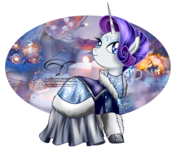 Size: 1300x1102 | Tagged: safe, artist:tiffanymarsou, rarity, pony, unicorn, g4, alternate hairstyle, candle, clothes, dress, fabulous, female, fire, horn, jewelry, looking up, mare, necklace, simple background, solo, sparkles, transparent background, winter