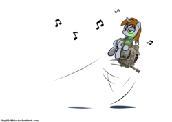 Size: 4093x2894 | Tagged: safe, artist:iiapiiiubbiu, oc, oc only, oc:littlepip, pony, unicorn, fallout equestria, clothes, eyebot, fallout, fanfic, fanfic art, female, jumpsuit, mare, music notes, on back, pipbuck, simple background, solo, transparent background, vault suit