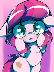 Size: 745x989 | Tagged: safe, artist:ccc, lily longsocks, earth pony, pony, g4, abstract background, blushing, female, filly, solo
