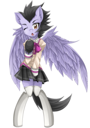 Size: 1240x1754 | Tagged: safe, artist:jinzhan, oc, oc only, oc:wing, pegasus, pony, semi-anthro, arm hooves, bipedal, clothes, crossdressing, femboy, male, one eye closed, school uniform, simple background, solo, stockings, thigh highs, transparent background, wink