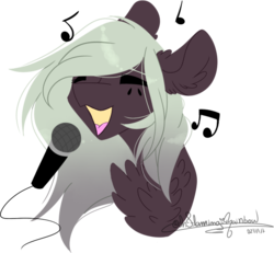 Size: 627x579 | Tagged: safe, artist:ohflaming-rainbow, oc, oc only, oc:reyna cloverfield, pony, bust, chest fluff, female, mare, microphone, music notes, simple background, singing, solo, transparent background