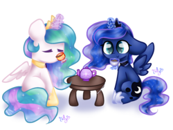 Size: 1024x768 | Tagged: safe, artist:naty7913, princess celestia, princess luna, alicorn, pony, g4, chibi, cup, cute, duo, female, food, glowing horn, hoof shoes, horn, magic, mare, simple background, sitting, spread wings, tea, telekinesis, transparent background, wings