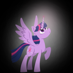 Size: 1150x1150 | Tagged: safe, artist:imaplatypus, twilight sparkle, alicorn, pony, g4, female, glowing horn, horn, looking up, mare, raised hoof, simple background, solo, spread wings, twilight sparkle (alicorn), wings