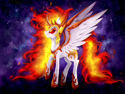 Size: 4000x3000 | Tagged: dead source, safe, artist:invaderkj, daybreaker, alicorn, pony, g4, armor, curved horn, female, hoof shoes, horn, mane of fire, mare, profile, raised hoof, slit pupils, smiling, solo, space, spread wings, wings