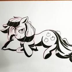 Size: 1080x1080 | Tagged: safe, artist:sketchwhatyousee, applejack, earth pony, pony, g4, female, floppy ears, lidded eyes, mare, monochrome, pillow, prone, smiling, solo, traditional art, underhoof