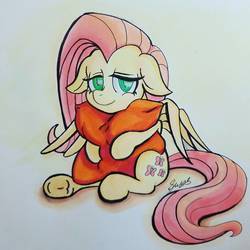 Size: 1080x1080 | Tagged: safe, artist:sketchwhatyousee, fluttershy, pegasus, pony, g4, cute, female, floppy ears, frog (hoof), lidded eyes, looking at you, pillow, shyabetes, signature, smiling, solo, spread wings, traditional art, underhoof, wings