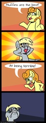 Size: 600x1601 | Tagged: safe, artist:zicygomar, edit, editor:moonatik, carrot top, derpy hooves, golden harvest, earth pony, pegasus, pony, g4, abuse, bait and switch, comic, crying, derpybuse, dialogue, dilated pupils, female, food, mare, muffin, open mouth, pure unfiltered evil, runny nose, sad, shrug, speech bubble, sunburst background