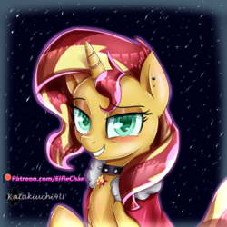 Size: 3000x3000 | Tagged: safe, artist:katakiuchi4u, sunset shimmer, pony, unicorn, g4, adorasexy, beautiful, beautisexy, bedroom eyes, blushing, bust, chest fluff, choker, clothes, collar, colored pupils, cute, cutie mark collar, dreamworks face, ear piercing, female, high res, lidded eyes, looking at you, mare, patreon, patreon logo, piercing, raised eyebrow, raised hoof, seductive, seductive look, sexy, shimmerbetes, smiling, snow, solo, spiked collar, stupid sexy sunset shimmer, winter
