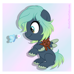 Size: 4653x4623 | Tagged: safe, artist:raspberrystudios, oc, oc only, butterfly, absurd resolution, female, filly, shipping child, sitting, smiling, teddy bear