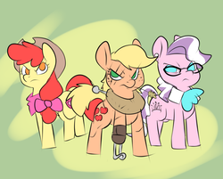 Size: 1026x825 | Tagged: safe, artist:metal-kitty, apple bloom, applejack, diamond tiara, earth pony, pony, g4, abstract background, alternate universe, amputee, angry, bandana, cowboy hat, eye scar, eyestrain warning, female, glasses, hat, haystick, mare, neckerchief, older, older apple bloom, older diamond tiara, peg leg, prosthetic leg, prosthetic limb, prosthetics, scar, story included, trio