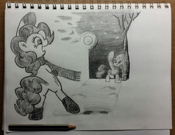 Size: 2545x1964 | Tagged: safe, artist:shoeunit, pinkie pie, rarity, earth pony, pony, unicorn, g4, clothes, female, mare, moon, night, scarf, sketchbook, snow, traditional art, tree