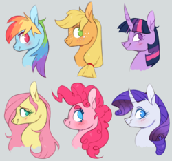 Size: 1300x1216 | Tagged: safe, artist:xenon, applejack, fluttershy, pinkie pie, rainbow dash, rarity, twilight sparkle, alicorn, earth pony, pegasus, pony, unicorn, bust, curved horn, female, freckles, gray background, looking back, mane six, mare, portrait, profile, simple background, smiling, twilight sparkle (alicorn)