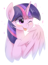 Size: 591x800 | Tagged: safe, artist:aymint, twilight sparkle, alicorn, pony, g4, :p, blushing, cute, female, mare, one eye closed, raspberry, silly, simple background, smiling, solo, sparkles, spread wings, tongue out, twiabetes, twilight sparkle (alicorn), white background, wings, wink