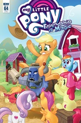 Size: 1054x1600 | Tagged: safe, artist:pencils, idw, apple bloom, applejack, big macintosh, iron will, rainbow dash, scootaloo, sweetie belle, g4, spoiler:comic, spoiler:comic64, bull riding, cover, cutie mark crusaders, mechanical bull, riding, rodeo, swirly eyes, wavy mouth