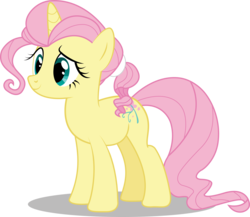 Size: 3424x2968 | Tagged: safe, artist:infinitewarlock, fluttershy, oc, oc:flutterheart, pony, unicorn, the flutterby effect, g4, alternate cutie mark, alternate hairstyle, alternate universe, female, high res, hilarious in hindsight, mare, race swap, simple background, smiling, solo, transparent background, unicorn fluttershy