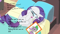 Size: 1920x1079 | Tagged: safe, artist:didgereethebrony, rarity, spike, dragon, g4, abba, bed, crying, female, implied spike, lyrics, male, picture frame, ship:sparity, shipping, solo, song reference, sos, straight
