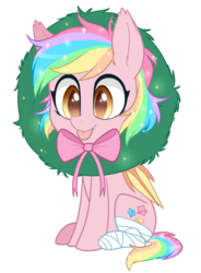 Size: 1620x2204 | Tagged: safe, artist:higglytownhero, oc, oc only, oc:paper stars, bat pony, pony, g4, :p, amputee, bandage, bat pony oc, christmas wreath, cute, cute little fangs, ear fluff, fangs, silly, silly pony, simple background, sitting, smiling, solo, tongue out, transparent background, wreath, ych result