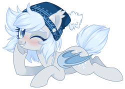 Size: 1024x729 | Tagged: safe, artist:centchi, artist:hawthornss, oc, oc only, oc:silver puff, oc:snow puff, bat pony, pony, blushing, cute, eyeshadow, hat, looking at you, makeup, one eye closed, prone, simple background, smiling, solo, transparent background, underhoof, vector, wink