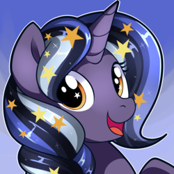 Size: 2000x2000 | Tagged: safe, artist:xwhitedreamsx, oc, oc only, pony, unicorn, blue mane, bust, commission, ethereal mane, high res, smiling, solo, starry eyes, starry mane, stars, white mane, wingding eyes, yellow eyes