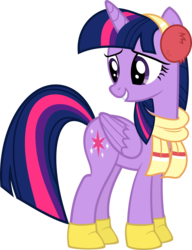 Size: 3461x4500 | Tagged: safe, artist:slb94, twilight sparkle, alicorn, pony, g4, tanks for the memories, boots, clothes, cute, earmuffs, female, hoof shoes, looking back, mare, scarf, shoes, simple background, smiling, solo, standing, transparent background, twiabetes, twilight sparkle (alicorn), vector, winter outfit