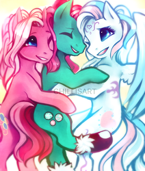 Size: 1443x1700 | Tagged: safe, artist:spacecolonie, minty, pinkie pie (g3), star catcher, earth pony, pegasus, pony, g3, bipedal, clothes, female, group hug, hug, mare, one eye closed, smiling, socks, trio, watermark