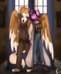 Size: 4966x6068 | Tagged: safe, artist:mscolorsplash, oc, oc only, oc:amethyst rose, oc:gordon cloudhopper, crystal pony, griffon, anthro, plantigrade anthro, absurd resolution, clothes, commission, commissioner:alkonium, converse, cosplay, costume, doctor who, female, male, mare, shoes, tardis, tenth doctor, thirteenth doctor