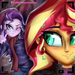 Size: 3000x3000 | Tagged: safe, artist:katakiuchi4u, starlight glimmer, sunset shimmer, equestria girls, g4, beanie, camera shot, clothes, female, hat, high res, jacket, leather jacket, lesbian, one eye closed, pants, patreon, patreon logo, peace sign, scarf, selfie, ship:shimmerglimmer, shipping, smiling, wink