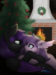 Size: 600x800 | Tagged: safe, artist:lilrandum, oc, oc only, pegasus, pony, christmas, christmas tree, cuddling, female, fireplace, holiday, mare, tree, wreath